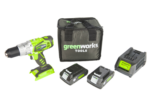 Дрель-шуруповерт ударная аккумуляторая Greenworks, 24V, с 2хАКБ 2 А.ч. и ЗУ в сумке