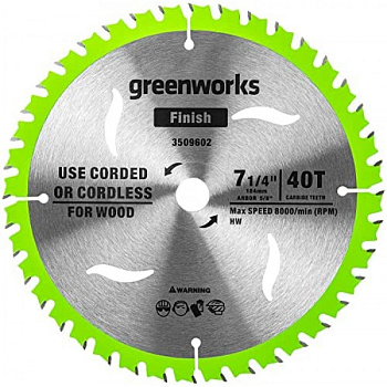 Пильный диск по дереву для циркулярной пилы Greenworks, 184x1.75/1.13x20 мм; 40T Пильный диск по дереву для циркулярной пилы Greenworks, 184x1.75/1.13x20 мм; 40T